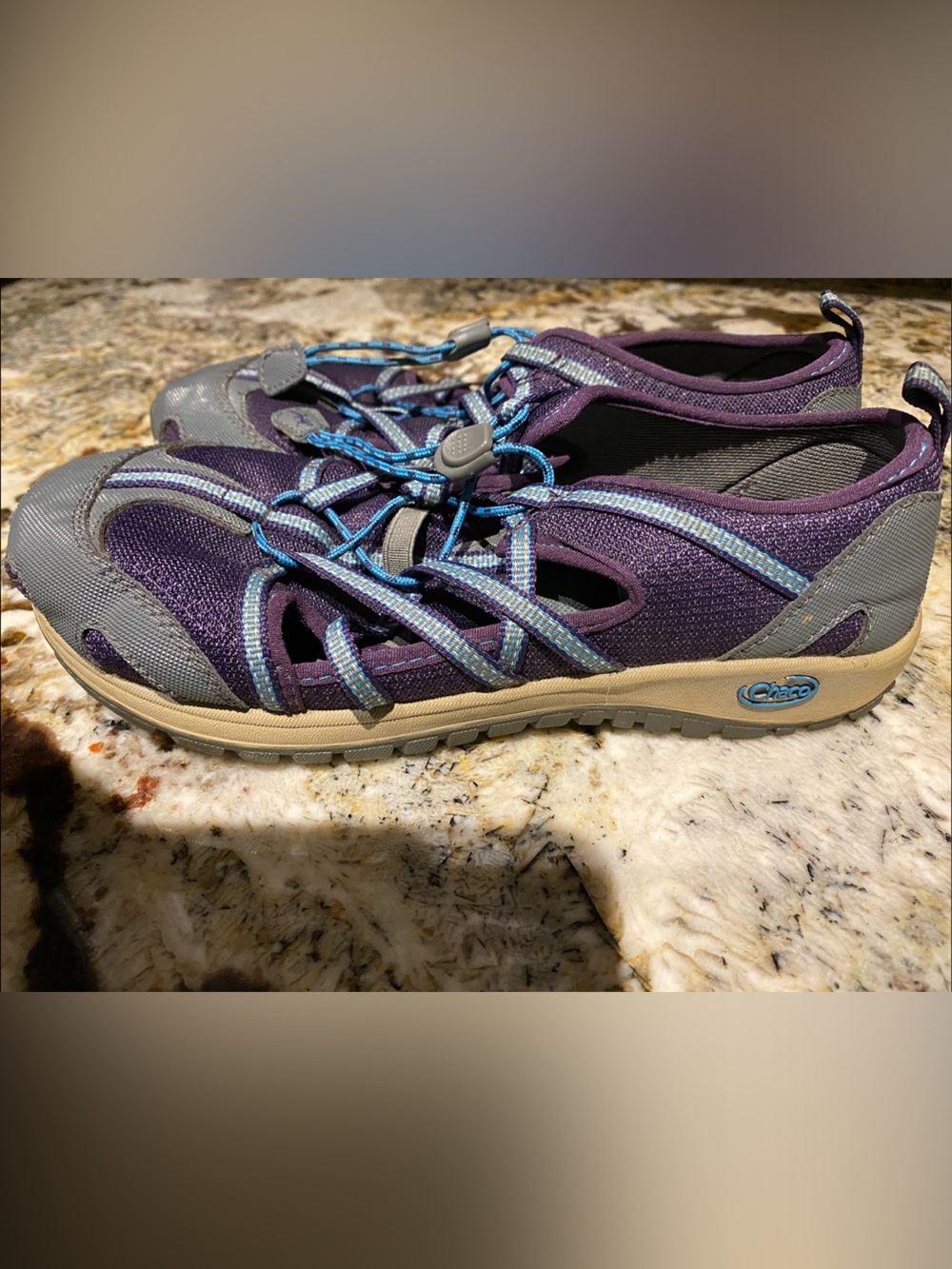 Chaco Kids Purple and Gray Water Shoes with Blue Lacing